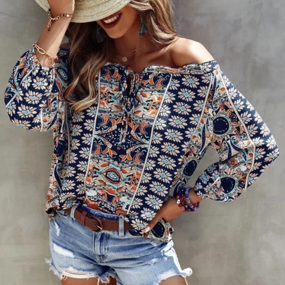 Boho Floral Print Off Shoulder Blouse - Picture 12 of 13